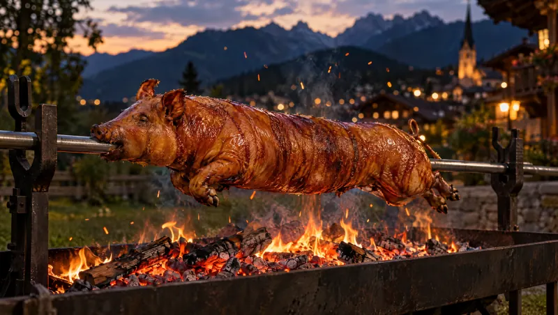 Ganzes Spanferkel dreht sich am Spieß über offenem Holzfeuer
